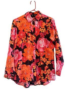 Johnny Was Becca Floral Button Down Shirt With Embroidered Cuffs 100% Silk XS